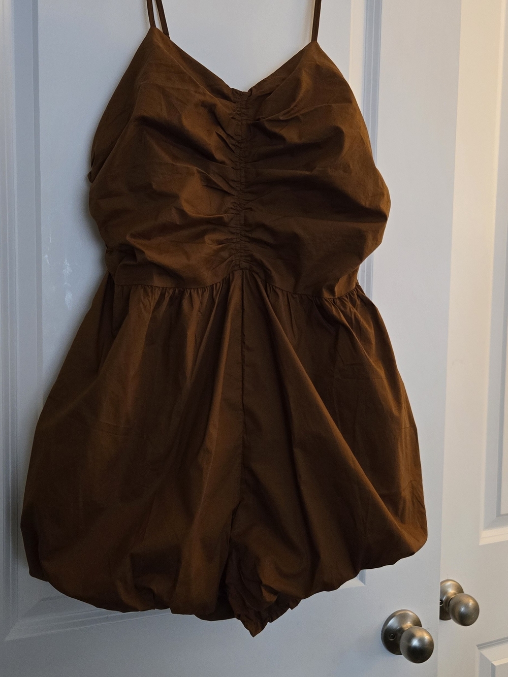 Brown Spaghetti-Strap Ruched Shorts Romper